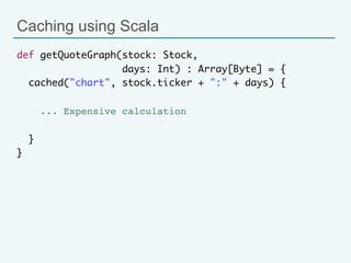 Caching using Scala
def getQuoteGraph(stock: Stock, 	
days: Int) : Array[Byte] = {	
cached("chart", stock.ticker + ":" + days) {	
!
... Expensive calculation !
!
}	
}
 