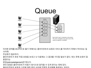 Queue
이러한 문제를 효과적으로 풀기 위해서는 클라이언트의 요청과 서비스를 처리하기 위해서 처리되는 일
사이에
추상화가 필요하다.
클라이언트가 큐로 작업 요청을 보내고 난 다음에는 그 결과를 기다릴 필요가 없다. 대신 큐에 요청이 잘
쌓였다는
응답(acknowledgement)만 받는다.
큐의 장점은 클라이언트가 비동기 방식으로 동작할 수 있게 한다는 데에 있다.
 