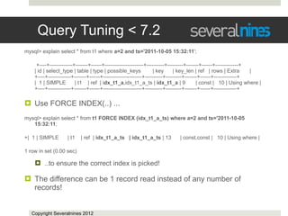 Query Tuning < 7.2
mysql> explain select * from t1 where a=2 and ts='2011-10-05 15:32:11';

     +----+-------------+-------+------+----------------------+----------+---------+-------+------+-------------+
    | id | select_type | table | type | possible_keys             | key      | key_len | ref | rows | Extra       |
    +----+-------------+-------+------+----------------------+----------+---------+-------+------+-------------+
    | 1 | SIMPLE         | t1 | ref | idx_t1_a,idx_t1_a_ts | idx_t1_a | 9                | const | 10 | Using where |
    +----+-------------+-------+------+----------------------+----------+---------+-------+------+-------------+

 Use FORCE INDEX(..) ...
mysql> explain select * from t1 FORCE INDEX (idx_t1_a_ts) where a=2 and ts='2011-10-05
   15:32:11;

+| 1 | SIMPLE       | t1   | ref | idx_t1_a_ts | idx_t1_a_ts | 13           | const,const | 10 | Using where |

1 row in set (0.00 sec)

     ..to ensure the correct index is picked!

 The difference can be 1 record read instead of any number of
  records!


   Copyright Severalnines 2012
 