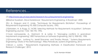 References…
[7] http://www.sse.uni-due.de/en/research-focus/requirements-engineering.
[8]Bashar Nuseibeh, Steve Easterbrook," Requirements Engineering: A Roadmap", 2000.
[9]J. A. Goguen and C. Linde, "Techniques for Requirements Elicitation", Proceedings of
Requirements Engineering '93, IEEE Computer Society, 1993.
[10]Maiden, N. & Rugg, G.,"ACRE: Selecting Methods For Requirements Acquisition", Software
Engineering Journal, 11(3): 183-192, 1996.
[11]van Lamsweerde, A., Darimont, R. & Letier, E. "Managing conflicts in goal-driven
requirements engineering", IEEE Transactions on Software Engineering, 24(11): 908-926, 1998.
[12]Yvonne Bijan, Junfang Yu, Jerrell Stracener, and Timothy Woods, " Systems Requirements
Engineering—State of the Methodology", Wiley Periodicals, Systems Engineering, 2013.
[13]Ivan J. Jureta, " Requirements Engineering Methods: A Classification Framework and
Research Challenges", 2012.
2014 33by Dr. Hamdan Al-Sabri
 