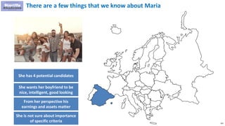 163
There are a few things that we know about Maria
She has 4 potential candidates
She wants her boyfriend to be
nice, intelligent, good looking
From her perspective his
earnings and assets matter
She is not sure about importance
of specific criteria
 