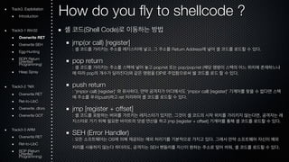 How do you fly to shellcode ? 
셸 코드(Shell Code)로 이동하는 방법 
jmp(or call) [register] 
: 셸 코드를 가리키는 주소를 레지스터에 넣고, 그 주소를 Return Address에 넣어 셸 코드를 로드할 수 있다. 
pop return 
: 셸 코드를 가리키는 주소를 스택에 넣어 놓고 pop/ret 또는 pop/pop/ret (해당 명령이 스택의 어느 위치에 존재하느냐 
에 따라 pop의 개수가 달라진다)와 같은 명령을 EIP로 주입함으로써 쉘 코드를 로드 할 수 있다. 
push return 
: ‘jmp(or call) [register]’ 와 유사하다. 만약 공격자가 어디에서도 ‘jmp(or call) [register]’ 기계어를 찾을 수 없다면 스택 
에 주소를 푸쉬(push)하고 ret 처리하여 셸 코드를 로드할 수 있다. 
jmp [register + offset] 
: 셸 코드를 포함하는 버퍼를 가르키는 레지스터가 있지만, 그것이 셸 코드의 시작 위치를 가리키지 않는다면, 공격자는 레 
지스터로 가기 위해 필요한 바이트의 덧셈 연산을 하고 jmp [register + offset] 기계어를 통해 셸 코드를 로드할 수 있다. 
SEH (Error Handler) 
: 모든 소프트웨어는 OS에 의해 제공되는 예외 처리기를 기본적으로 가지고 있다. 그래서 만약 소프트웨어 자신이 예외 
처리를 사용하지 않는다 하더라도, 공격자는 SEH 핸들러를 자신이 원하는 주소로 덮어 씌워, 셸 코드를 로드할 수 있다. 
Track3. Exploitation 
Introduction 
Track3-1 Win32 
Overwrite RET 
Overwrite SEH 
Egg-Hunting 
ROOriePn( tRede turn Programming) 
Heap Spray 
Track3-2 *NIX 
Overwrite RET 
Ret-to-LibC 
Overwrite .dtors 
Overwrite GOT 
Track3-3 ARM 
Overwrite RET 
Ret-to-LibC 
ROOriePn t(Rede turn Programming) 
 