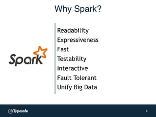 Why Spark?
8
Readability
Expressiveness
Fast
Testability
Interactive
Fault Tolerant
Unify Big Data
 