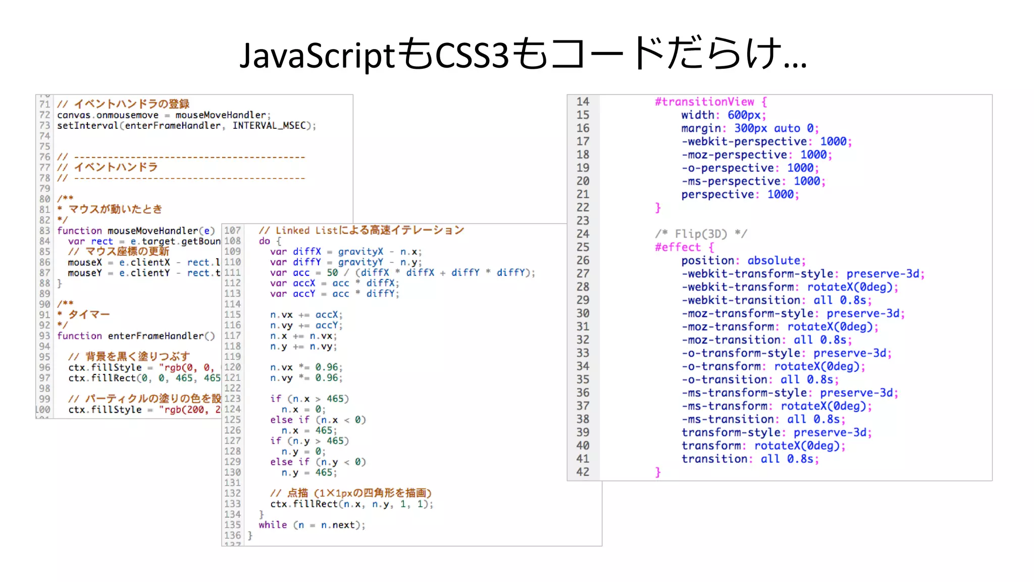 JavaScriptもCSS3もコードだらけ…
 
