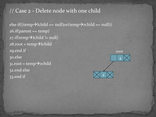 // Case 2 - Delete node with one child

else if((templchild == null)or(temprchild == null))
26.if(parent == temp)
27.if(templchild != null)
28.root = templchild
29.end if                                               root
30.else                                                  4
31.root = temprchild
32.end else
33.end if                                       2
 