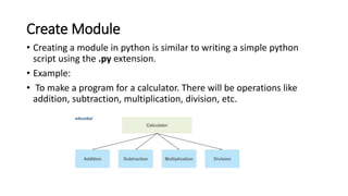 Create Module
• Creating a module in python is similar to writing a simple python
script using the .py extension.
• Example:
• To make a program for a calculator. There will be operations like
addition, subtraction, multiplication, division, etc.
 