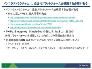 インフラストラクチャ上に、自分でプラットフォームを構築する必要がある

 インフラストラクチャ上に分散プラットフォームを構築する必要がある
  • 昨年の夏、AWS に重大障害が発生
     • http://blog.reddit.com/2011/03/why-reddit-was-down-for-6-of-last-24.html
     • http://www.readwriteweb.com/cloud/2010/12/chaos-monkey-how-netflix-uses.php
     • http://news.ycombinator.com/item?id=2477296
     • http://stu.mp/2011/04/the-cloud-is-not-a-silver-bullet.html
 Twilio、Smugmug、SimpleGeo の各社は、IaaS 上に独自の
 分散プラットフォームを構築していたため、この問題を乗り越えた
 企業顧客は CDN のようなインフラストラクチャの導入を検討している
 • マルチ クラウドの使用
 • オープン ソースをベースとした、デファクトスタンダードまたは将来のフルスタンダード




25

                                                                              © 2012 VMware Inc. All rights reserved
 