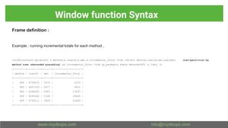 Window function Syntax
Frame definition :
Example : running incremental totals for each method ,
root@localhost:yp>select a.method,a.loanId,a.amt,a.incremental_Total from (select method,loanId,amt,sum(amt) over(partition by
method rows unbounded preceding) as incremental_Total from yp_payments where method=489) a limit 5;
+--------+---------+------+-------------------+
| method | loanId | amt | incremental_Total |
+--------+---------+------+-------------------+
| 489 | 6758312 | 2233 | 2233 |
| 489 | 6457319 | 2677 | 4910 |
| 489 | 6094261 | 8387 | 13297 |
| 489 | 6240342 | 5148 | 18445 |
| 489 | 6734211 | 3604 | 22049 |
+--------+---------+------+-------------------+
 