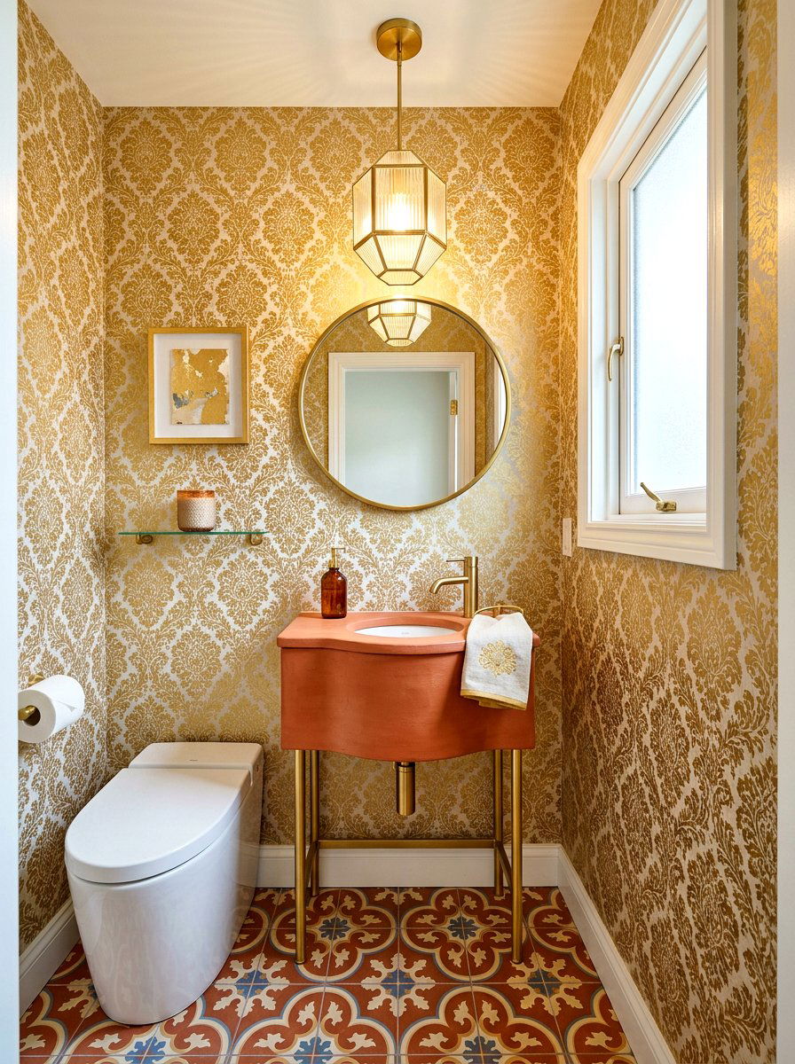 Small terracotta powder room vanity