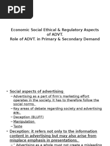 Economic Social Ethical & Regulatory Aspects of ADVT. Role of ADVT. in Primary & Secondary Demand