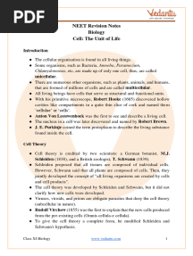 Cell - The Unit of Life Class 11 Notes For NEET 2024 - Free PDF Download