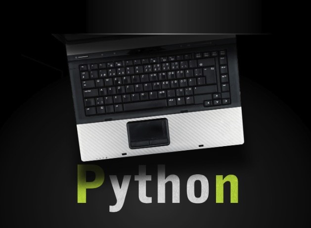 A laptop resting on top of the text 'Python'