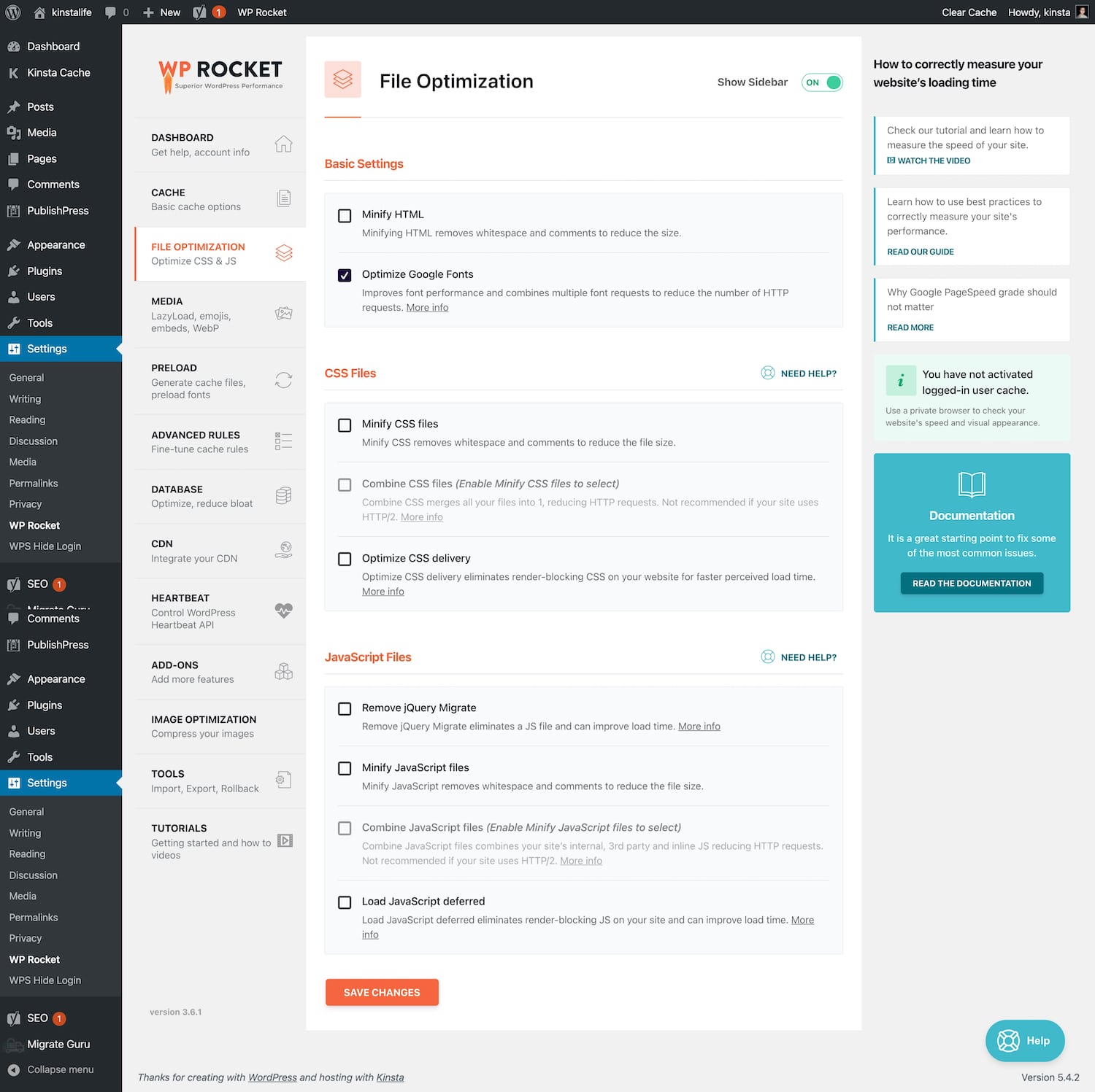 Ottimizzazione dei file di WP Rocket.