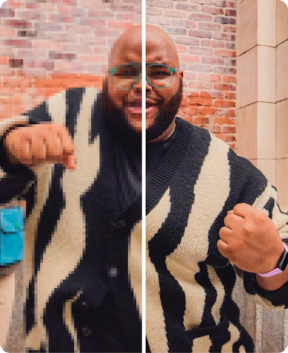 Man wearing a sweater and glasses, shown in a split screen. One side is pixelated, the other is high-resolution.