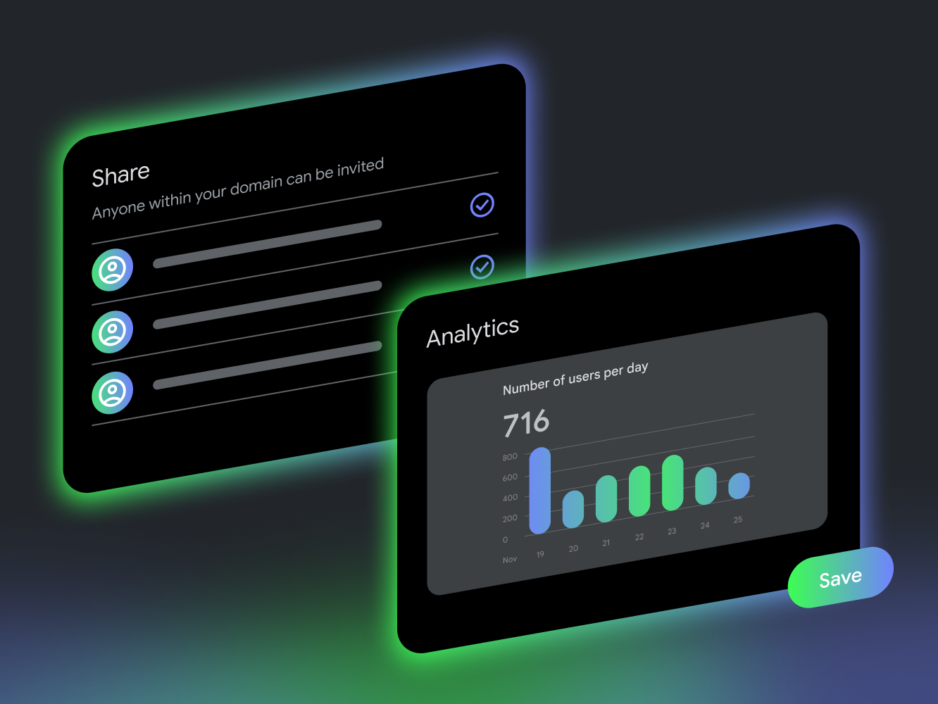 Dark mode “Share” screen and Analytics chart displaying the number of users per day.
