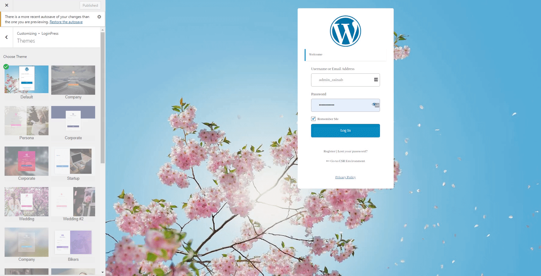 GIF Live preview of premium themes in Login Page background