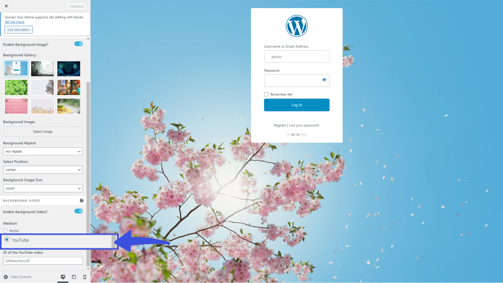 select youtube Youtube video background login page
