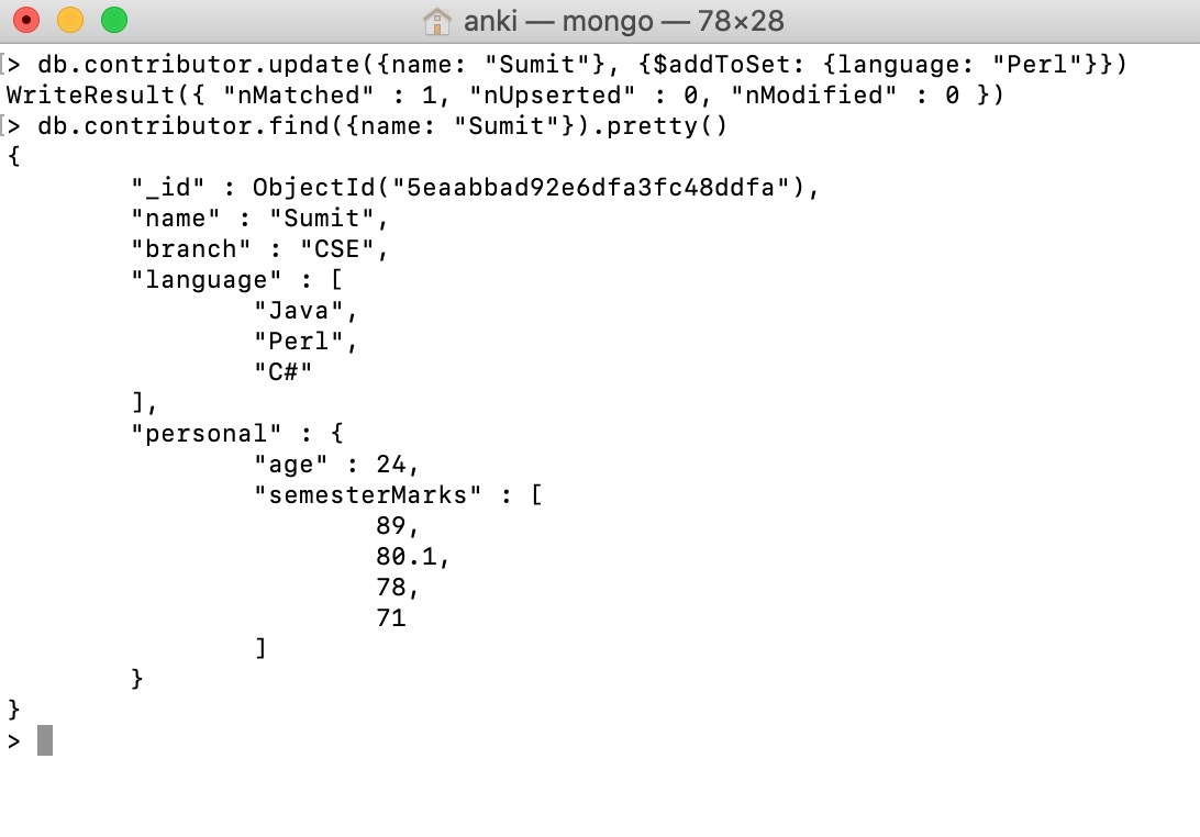Adding duplicate values in the array using $addToSet operator example output