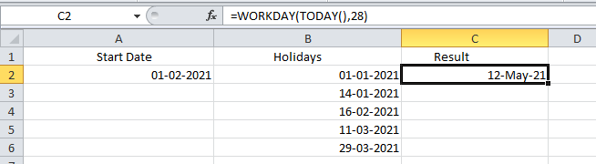 WORKDAY Function Example in Excel