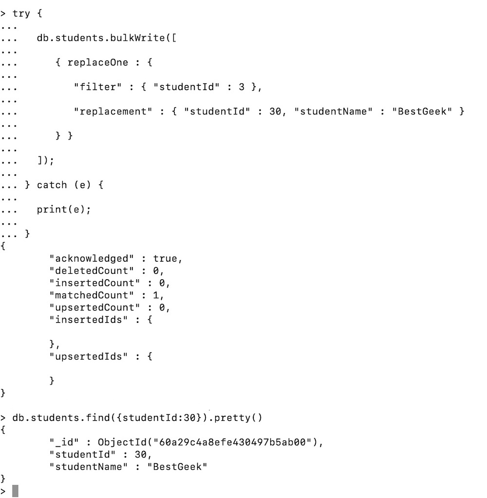 replaceone operation in bulwrite method mongodb