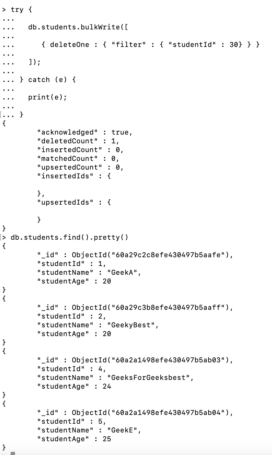 deleteone operation in bulkwrite method mongodb