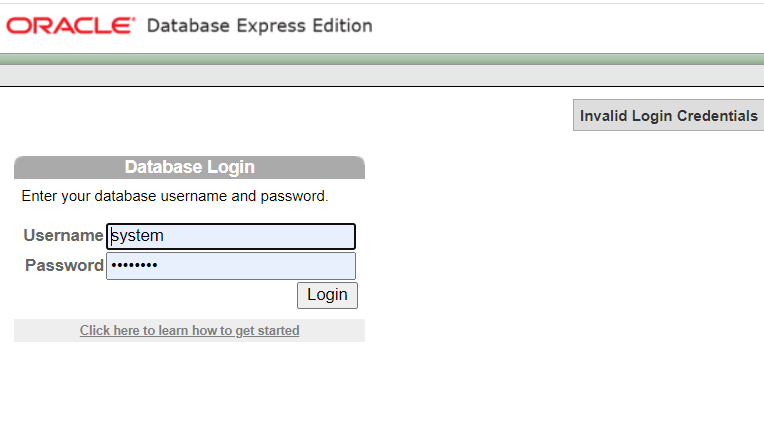 oracle database log in screen