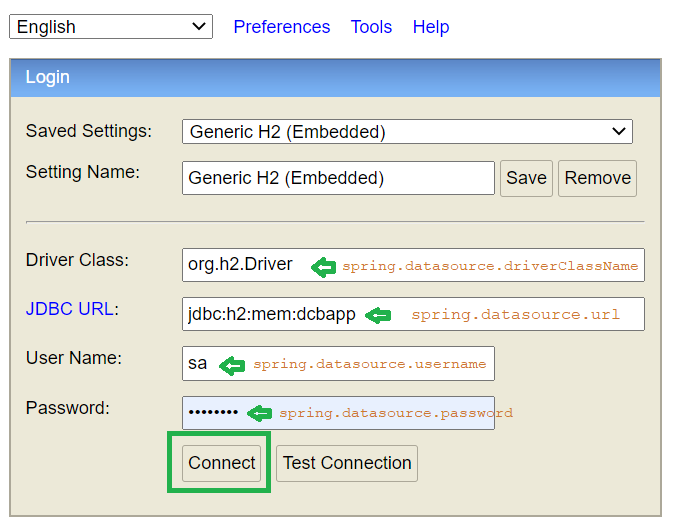 Console view of H2 database