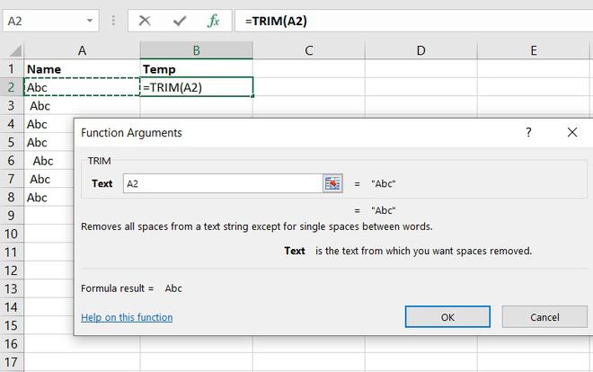 Cell selected from which you want to remove spaces.