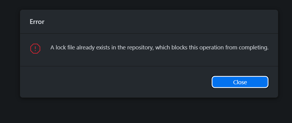 A lock file already exists in the repository, which blocks this operation from completing.