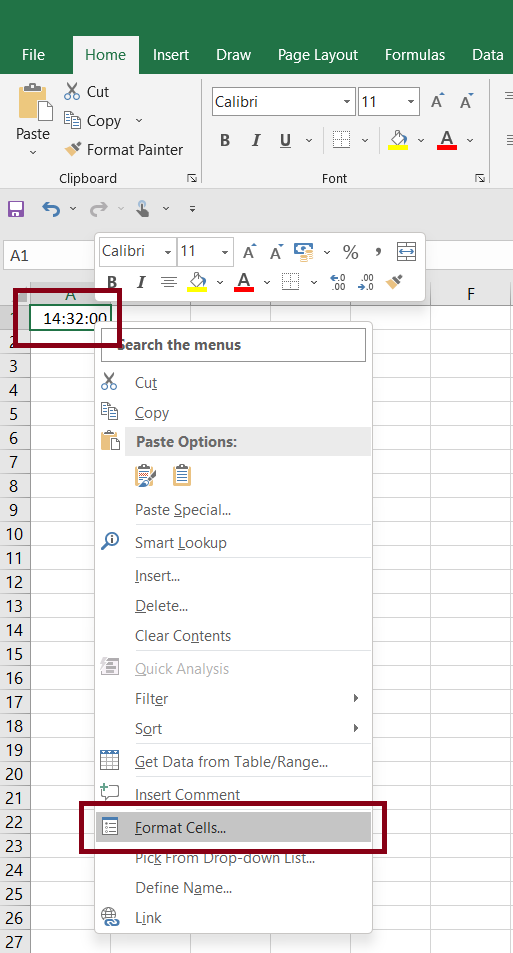 Select Cell Containing Time and then Right-Click on it and then select Format Cells.