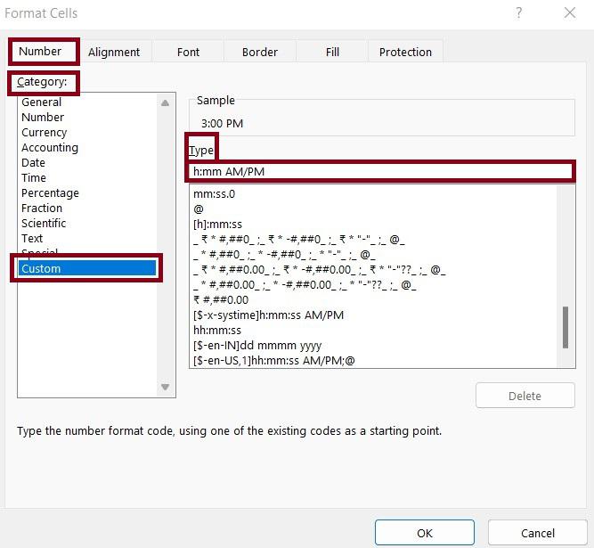 For custom time format again need to open the dialog box and then select number and choose custom and in type write any time format.