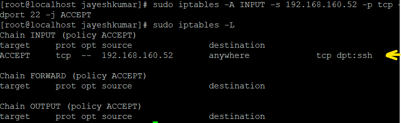 TO CHECK  OUTPUT WE USED $ sudo iptables -L