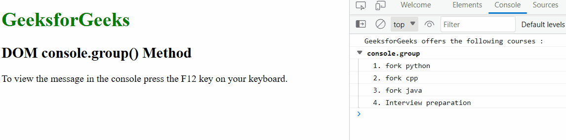 HTML DOM console.group() Method