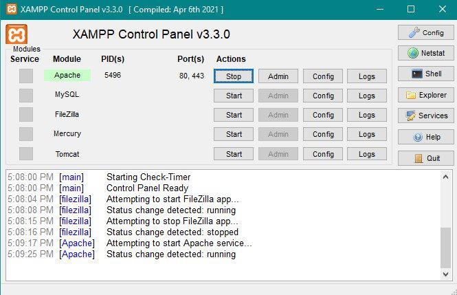 XAMPP Interface with Apache Started