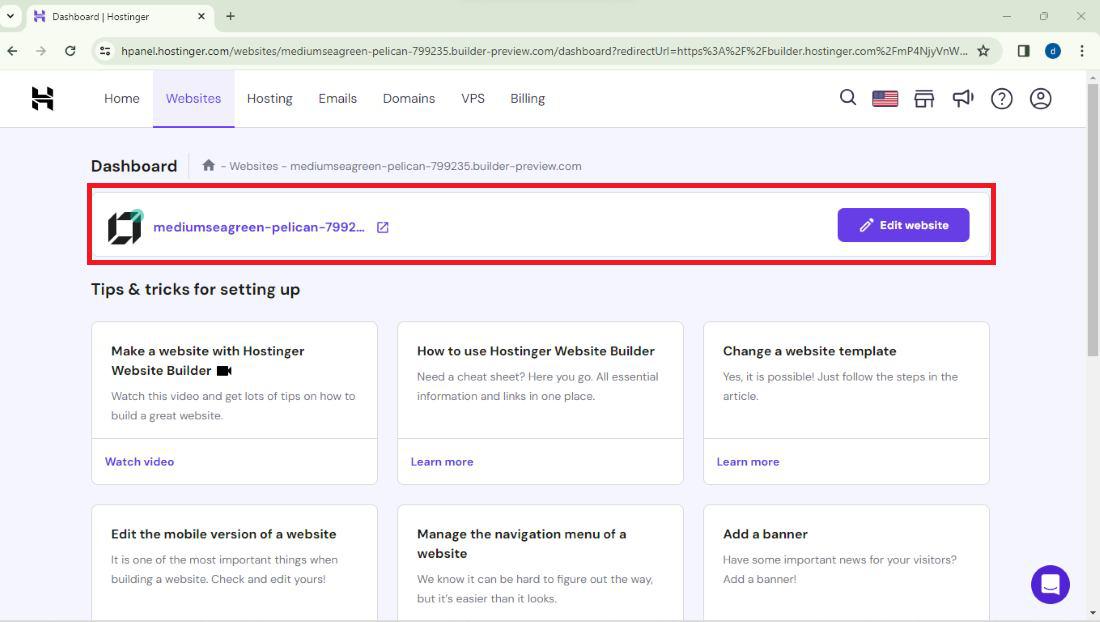 Hostinger Website builder Dashboard
