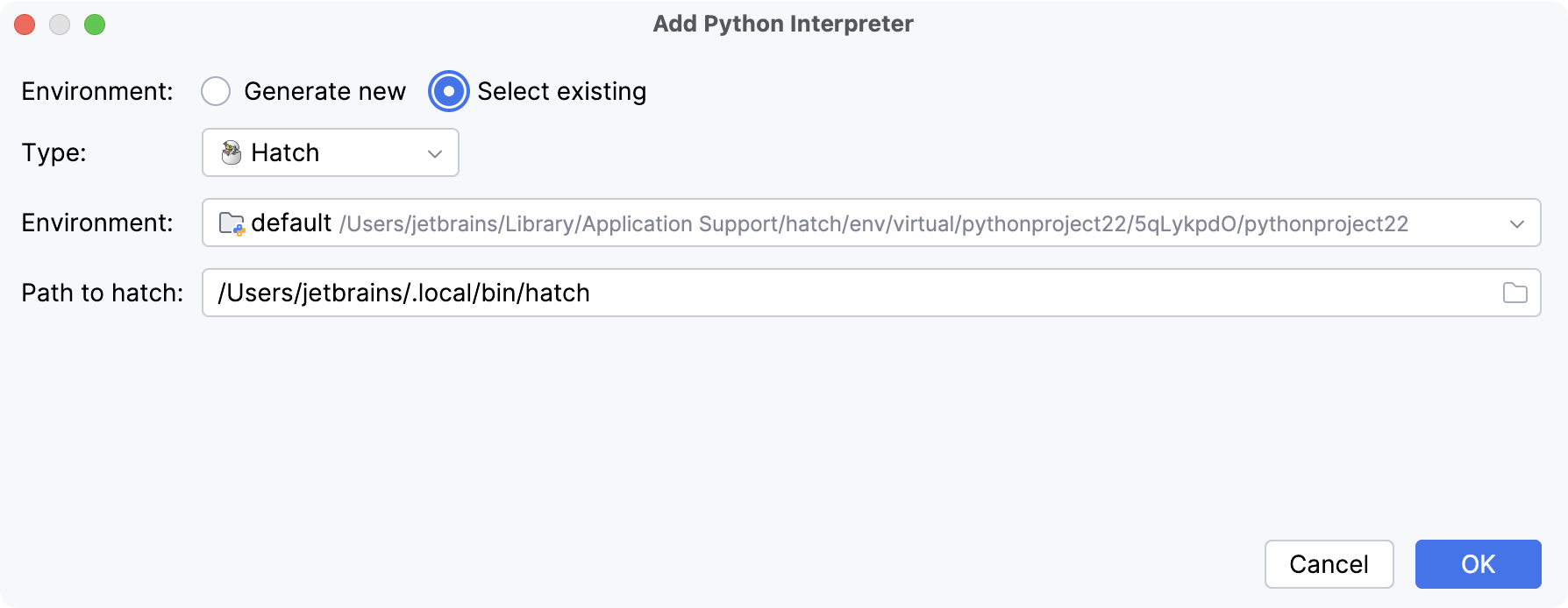 Select existing Hatch environment