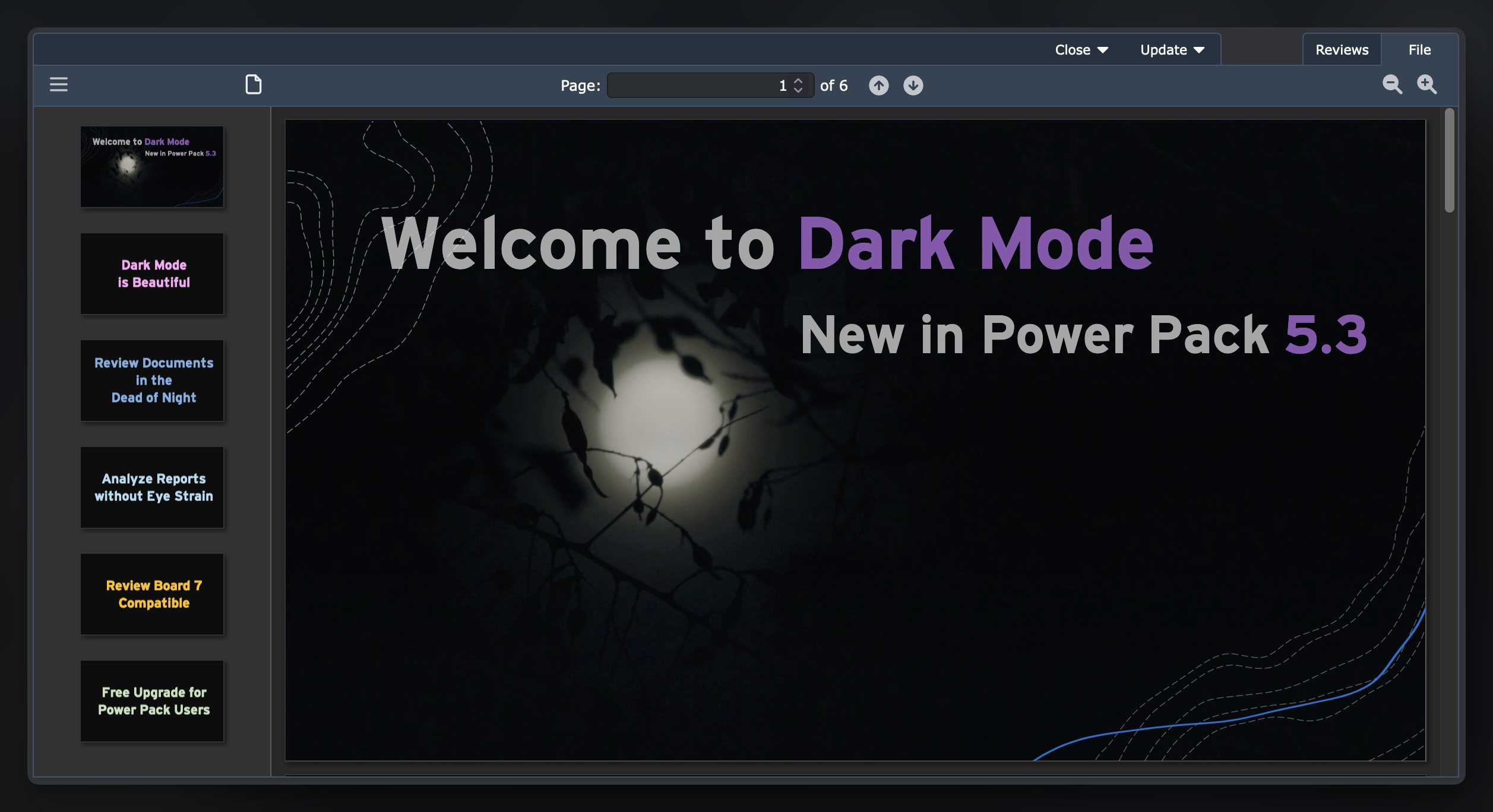 A screenshot of a Power Point document in Review Board's Document Review, saying 'Welcome to Dark Mode, new in Power Pack 5.3'. There are slides saying 'Dark Mode is Beautiful', 'Review Documents in the Dead of Night', 'Analyze Reports Without Eye Strain', 'Review Board 7 Compatible', and 'Free Upgrade for Power Pack Users'.