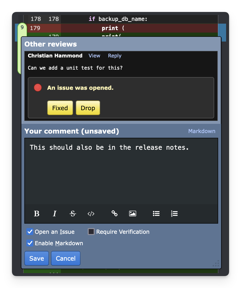 Comment dialog on mobile, with previous comments from the commented region shown above the dialog.