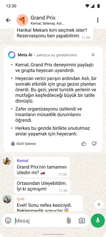 Akıllı telefon; Grand Prix hakkında mesajları, katılımcı adlarını, emojileri ve gönder düğmesini içeren "Taraftarlar" adlı bir grup sohbetini gösteriyor.