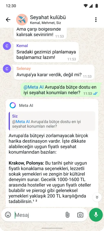 Akıllı telefon, Avrupa'ya bir seyahat planlayan ve Meta AI'ın seyahat ipuçları verdiği "Seyahat Kulübü" adlı grup sohbetini gösteriyor.