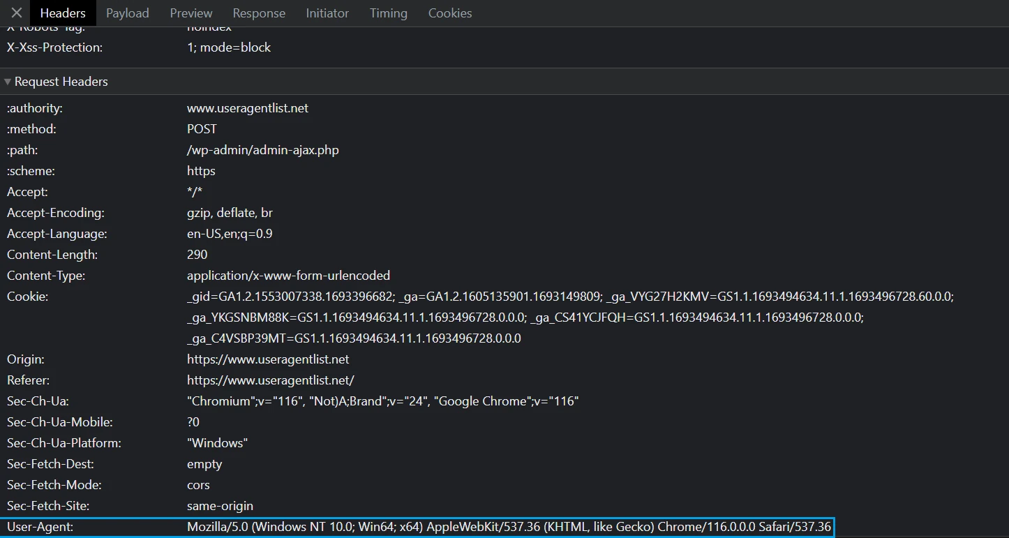screencapture of user agent header in chrome devtools