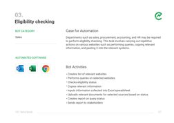Departments such as sales, procurement, accounting, and HR may be required
to perform eligibility checking. This task involv
