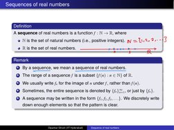 Sequences of real numbers
Definition
A sequence of real numbers is a function f : N ! R, where
N is the set of natural numbers