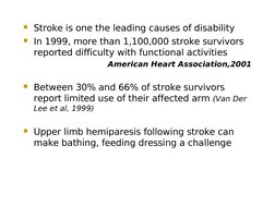 Stroke is one the leading causes of disability
In 1999, more than 1,100,000 stroke survivors
reported difficulty with func