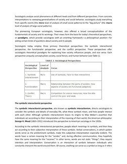 Sociologists analyze social phenomena at different levels and from different perspectives. From concrete
interpretations to s