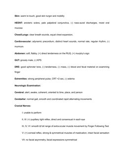 Skin: warm to touch, good skin turgor and mobility
HEENT: anicteric sclera, pale palpebral conjunctiva, (-) naso-aural