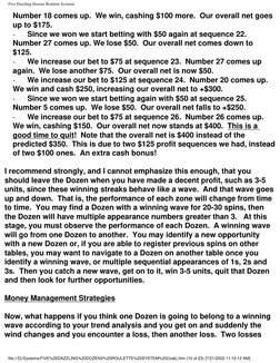 Five Dazzling Dozens Roulette Systems
Number 18 comes up. We win, cashing $100 more. Our overall net goes
up to $175.
-