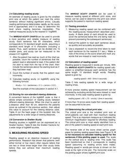 3
2.4 Calculating reading acuity
The MNREAD ACUITY CHARTS can be used to
measure reading speed at different print sizes, and
