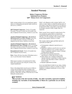 Section I - General
Quincy Compressor-QSI®
1
Seller warrants products of its own manufacture against
defects in workmanship a