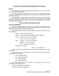 Page 1 of 4
TU CDG, 2019, MSc Engineering Geology Practical, Soil Mechanics 2.
Practical 2: Grain Size Analysis (Mechanic